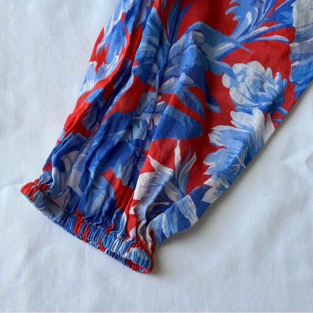 J. Crew Red and Blue Flowers Pullover Ruffle Boho Blouse Long Sleeves